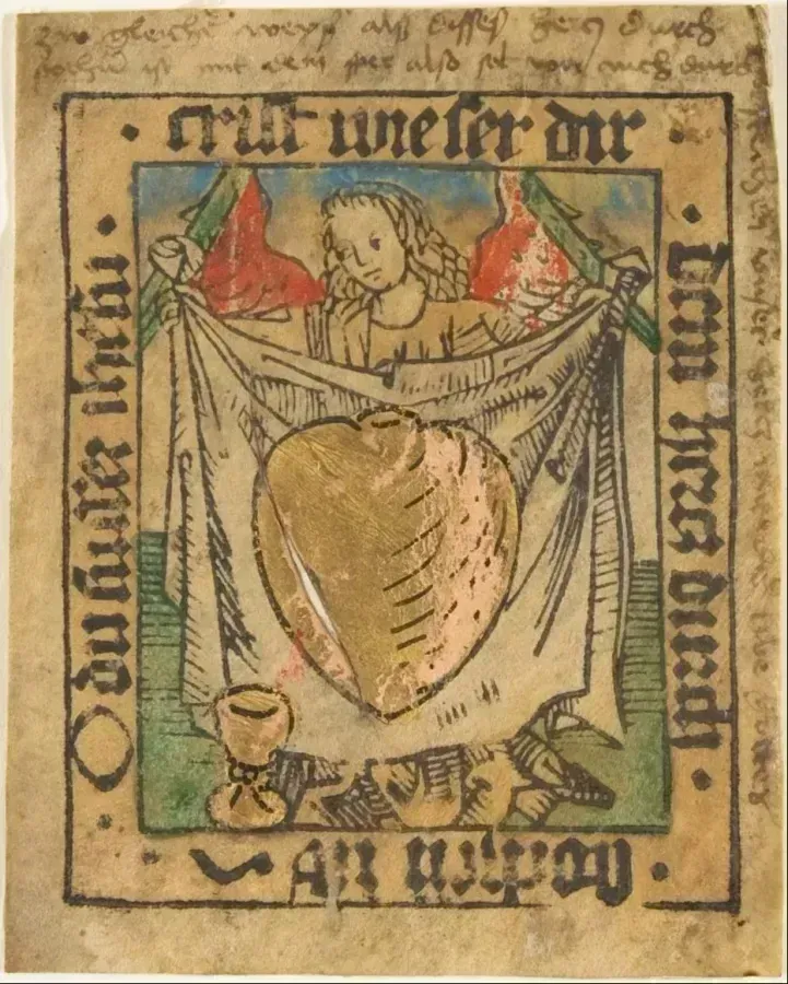 Священное Сердце на ткани, ангел, немецкая ксилография около 1480-90