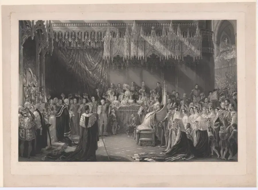 Grabado de la coronación de la Reina Victoria, 1842