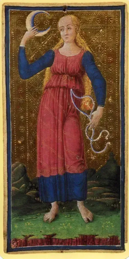 Imagen histórica de la Luna de la baraja Visconti-Sforza del siglo XV, obra de Bonifacio Bembo, pintada a mano con pigmentos sobre papel
