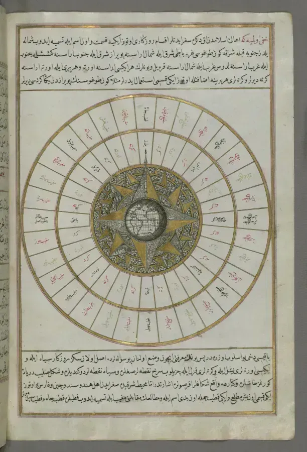 Западное полушарие, вписанное в розу ветров, лист из рукописи Пири Рейса Walters W.658, Османская империя, XVII-XVIII век