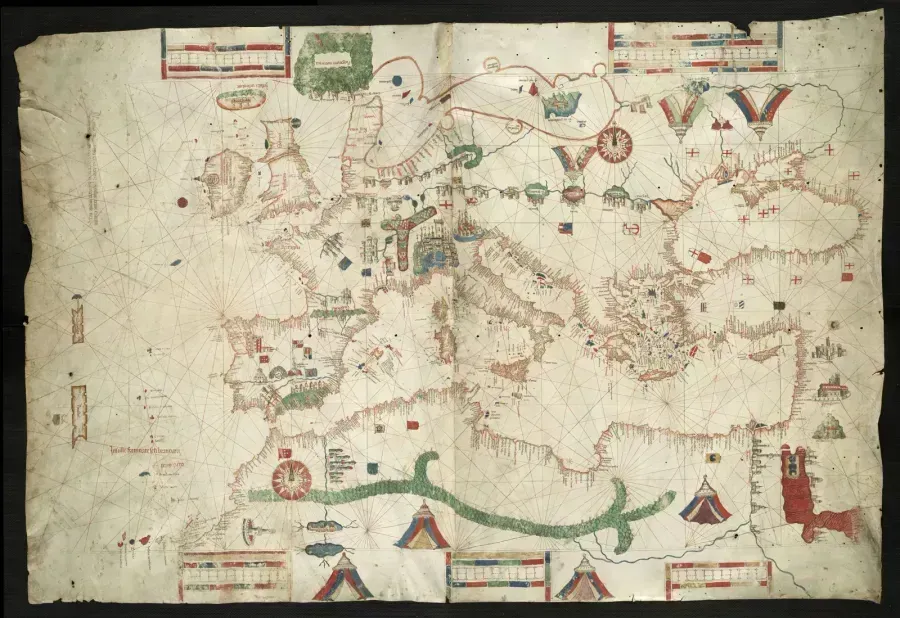 Портоланная карта Альбино де Канепа 1489 года с несколькими розами ветров и сетью румбовых линий