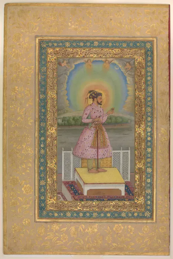 El emperador Shah Jahan sosteniendo un colgante con gemas, una miniatura del Álbum de Shah Jahan de la época mogol