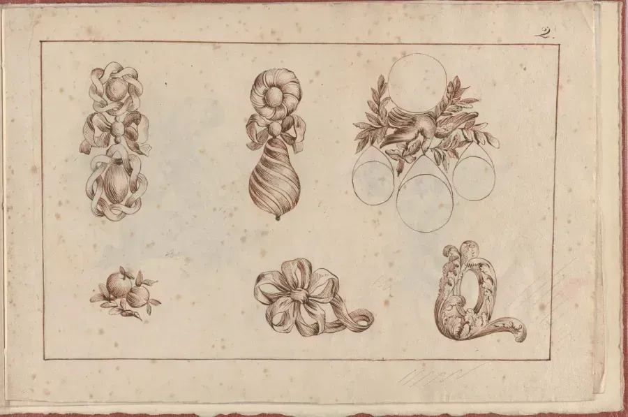Lámina de un álbum francés de diseños de joyería del siglo XVIII: colgantes, un broche de lazo y monturas con engastes vacíos para piedras grandes, dibujados con tinta marrón