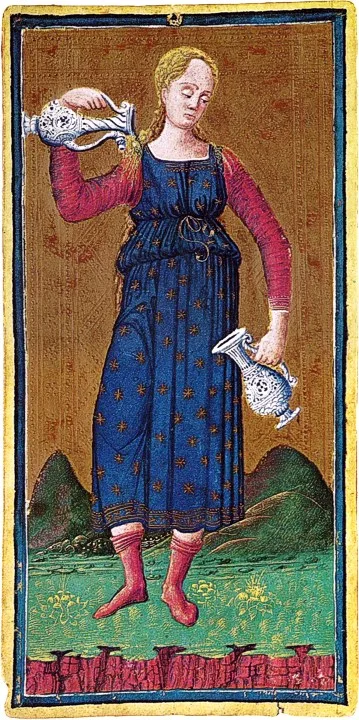 La Templanza del tarot Visconti-Sforza, siglo XV